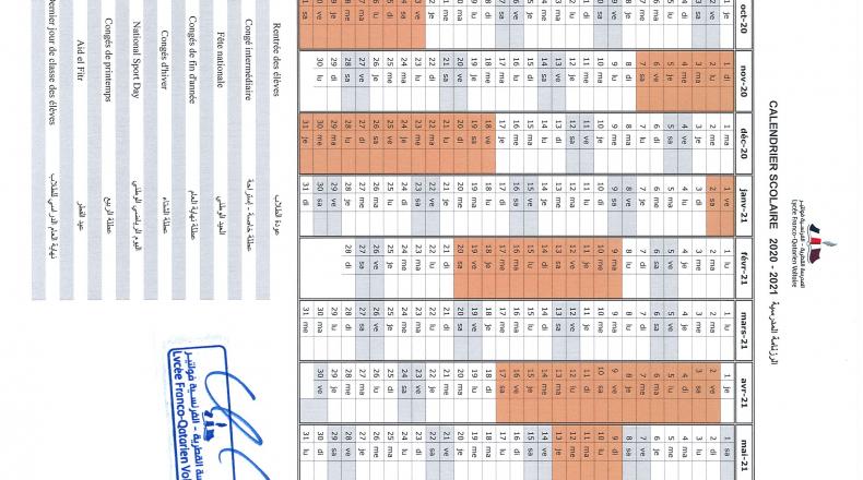 Calendrier scolaire 2020-2021